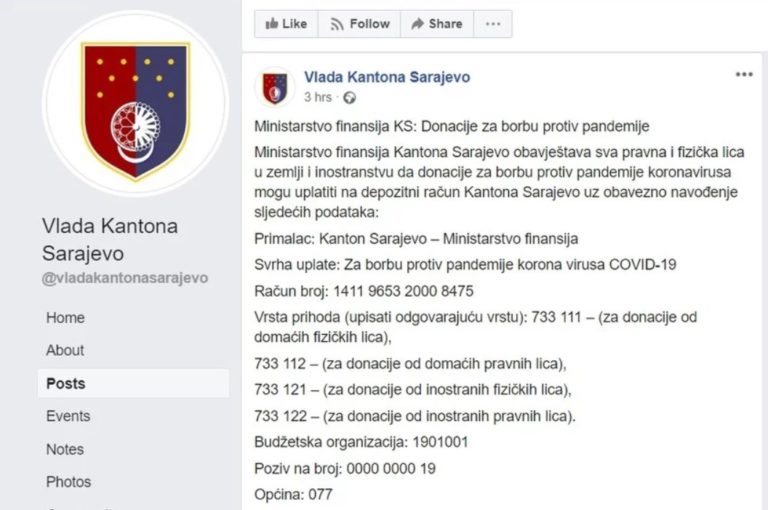Влада Кантона Сарајево тражи донације од грађана за борбу против коронавируса